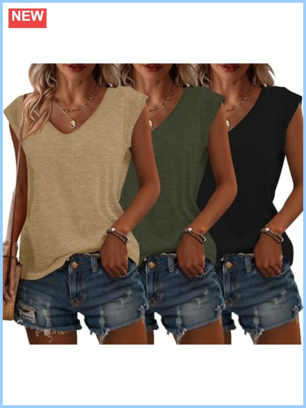 3 Pack Women's Cap Sleeve V-Neck Summer Tops Soft Stretchy Basic Tees
